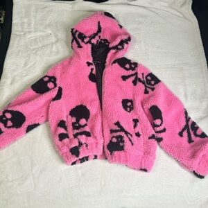 Dolls Kill Current Mood Sherpa Fuzzy Pink and Black Skull Jacket
